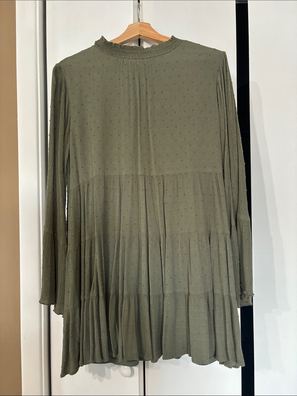 Peach love California Olive Green Swiss Dot Tiered Long Sleeve dress